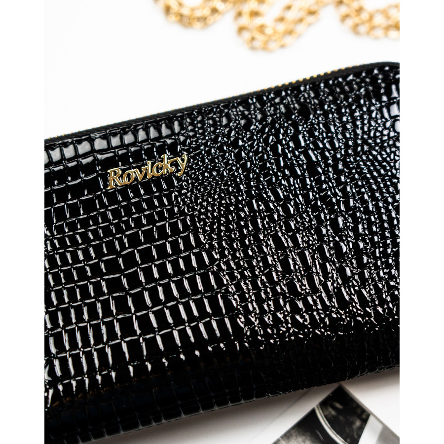 Lakierowany portfel w typie piórnika ze skóry naturalnej w czarnym kolorze zamykany na suwak - Rovicky