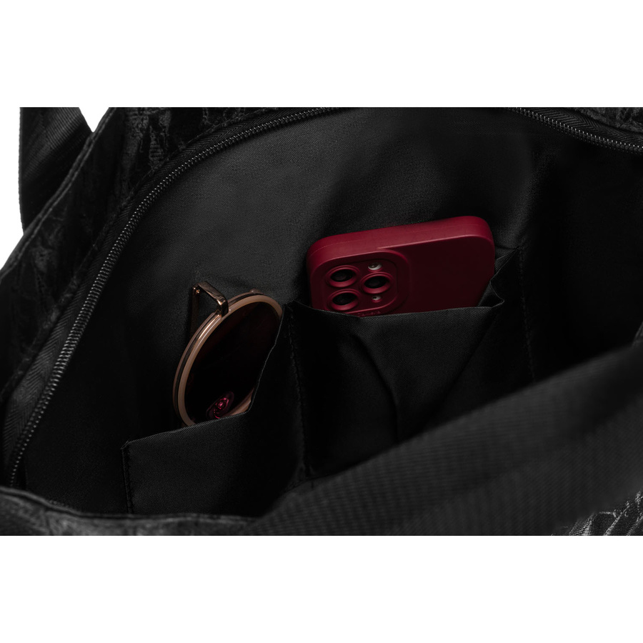 Czarna, duża torba damska z poliestru w marmurkowy wzór, zamykana suwakiem - Rovicky