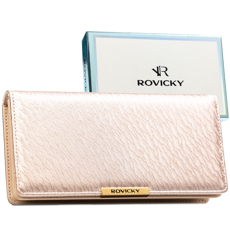 Duży, beżowy portfel damski ze skóry ekologicznej wyposażony w system RFID - Rovicky