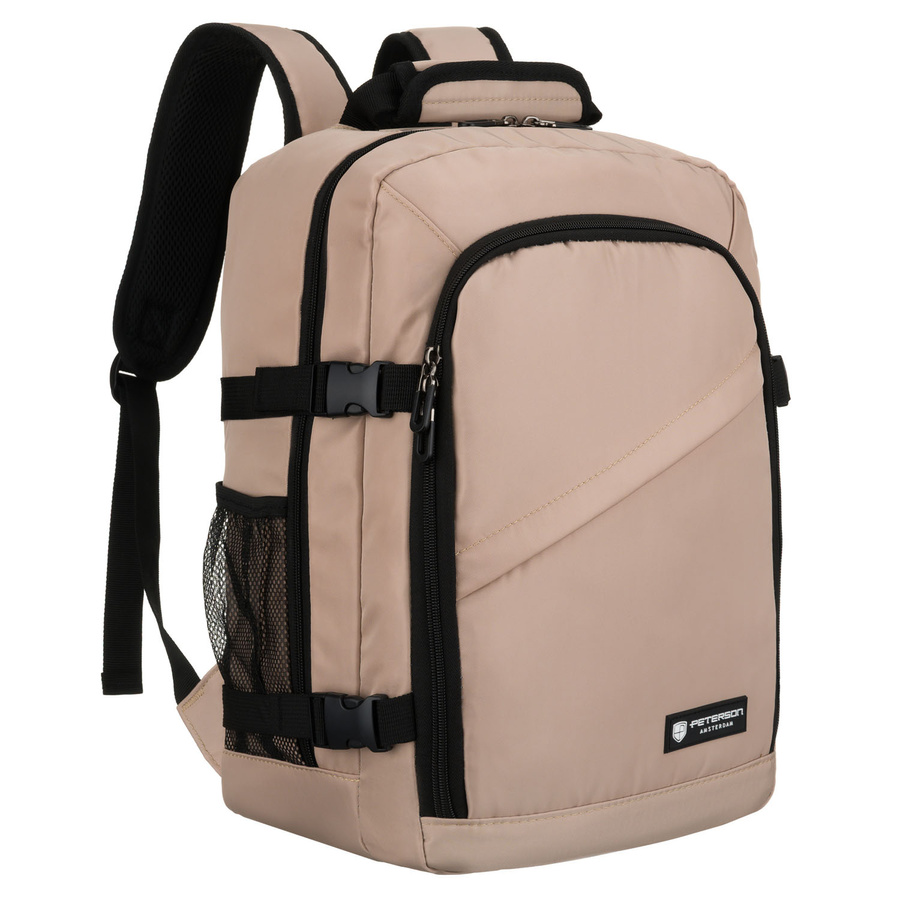 Beżowy plecak podróżny z poliestru zawieszony na regulowanych szelkach - Peterson