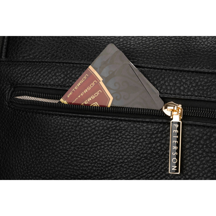 Czarna saszetka damska ze skóry ekologicznej z kieszenią na rewersie - Peterson