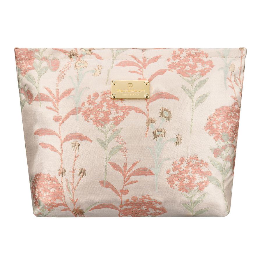 Kosmetyczka z materiału syntetycznego w różowo-beżowym kolorze zdobiona kwiatami - Peterson