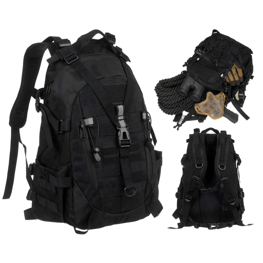 Sportowy plecak militarny w czarnym kolorze zawieszony na regulowanych szelkach - Peterson