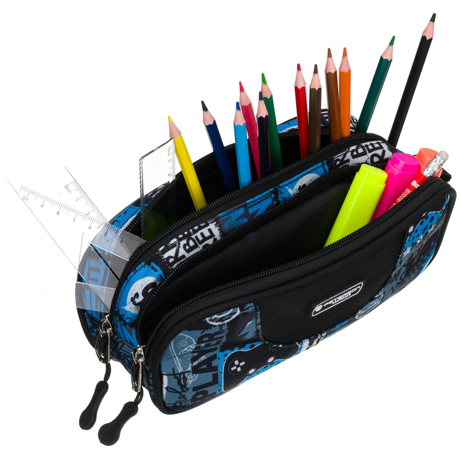 Szkolny piórnik  z poliestru zapinany suwakami, pokryty gamingowym wzorem - Peterson