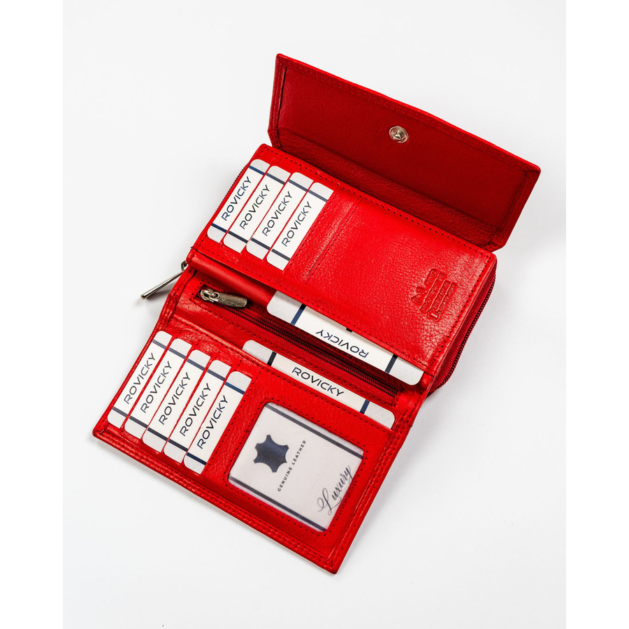 Czerwony, skórzany portfel damski na zatrzask z systemem RFID - Rovicky