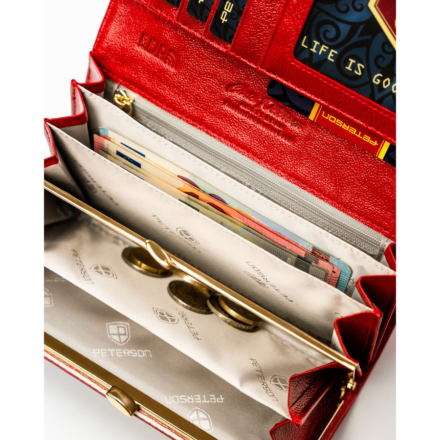 Duży, czerwony portfel damski ze skóry naturalnej i ekologicznej zamykany zatrzaskiem - Peterson