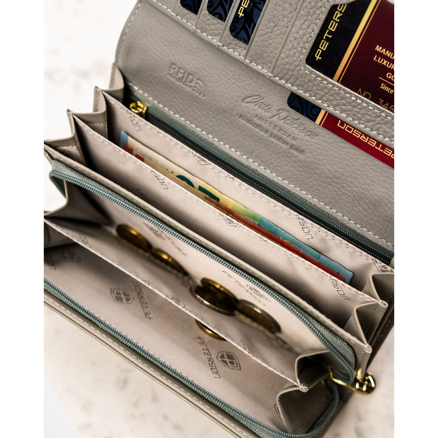 Damski portfel ze skóry naturalnej w kwiatowy wzór wyposażony w system RFID - Peterson