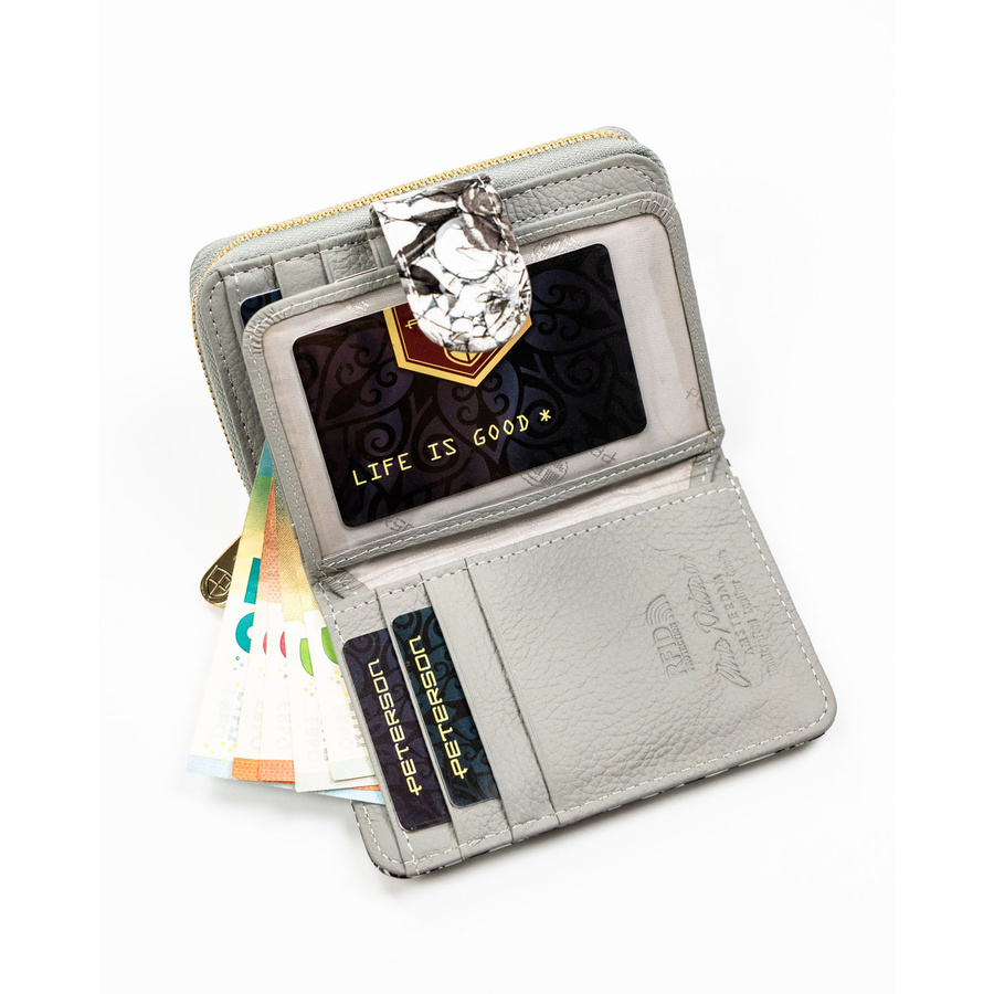 Czarny portfel damski ze skóry naturalnej z systemem RFID, zamykany zatrzaskiem i suwakiem - Peterson