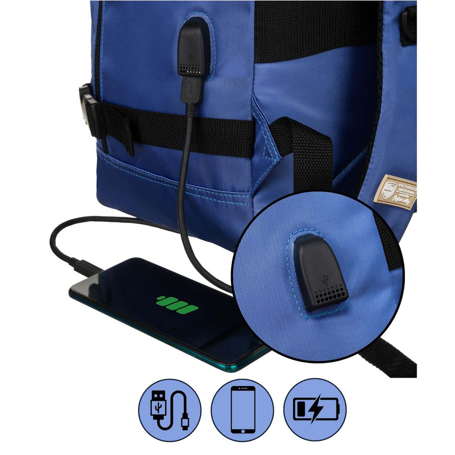 Podróżny plecak z wodoodpornego poliestru w niebieskim kolorze zawieszony na regulowanych szelkach - Peterson