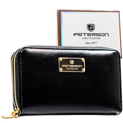 Czarny portfel damski w typie piórnika ze skóry ekologicznej wyposażony w system RFID - Peterson