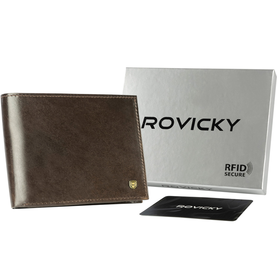 Elegancki, skórzany portfel męski w kolorze brązowym z systemem RFID - Rovicky