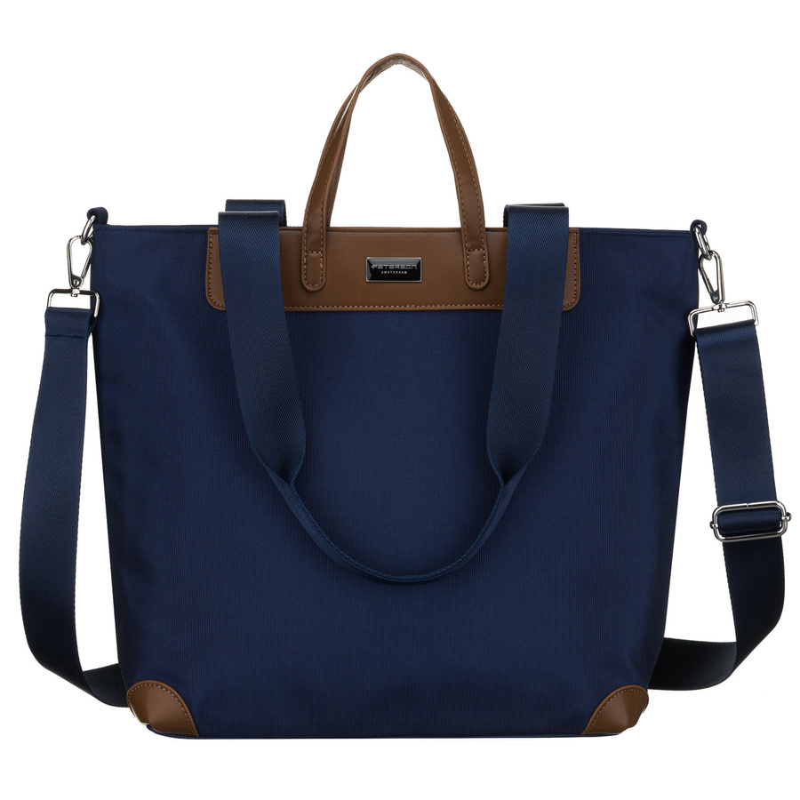 Duża, granatowa shopperka damska, jednokomorowa, zawieszona na uchwytach i doczepianym pasku - Peterson