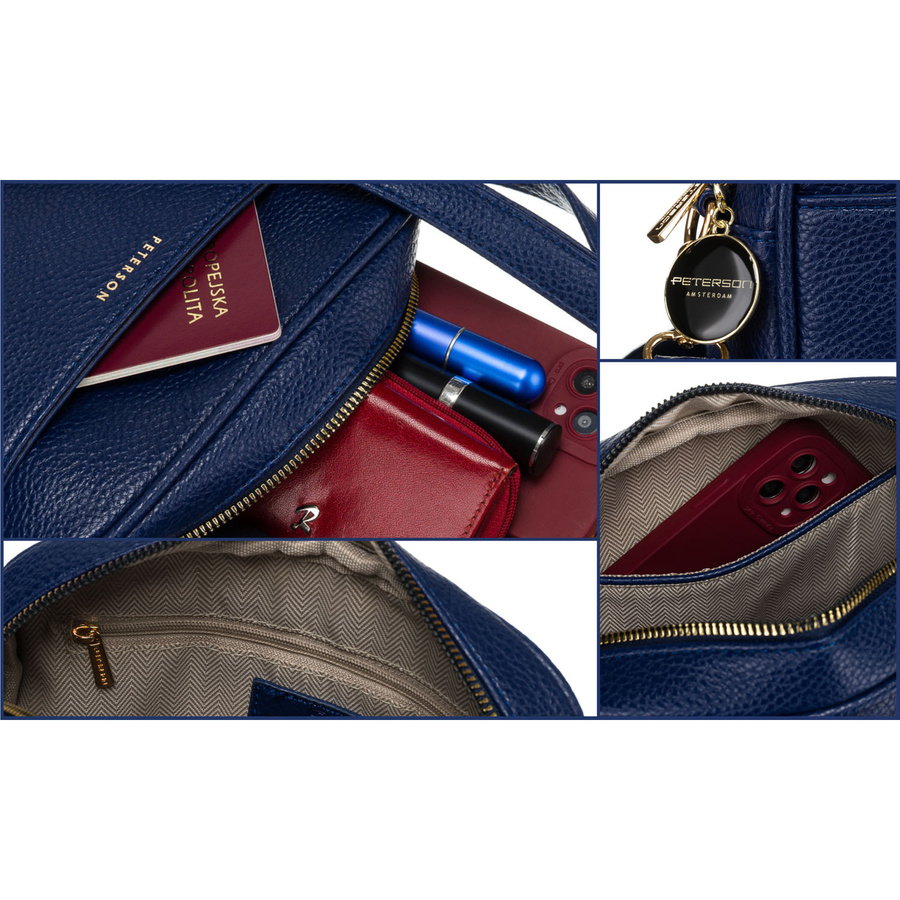 Miejska modna granatowa listonoszka damska z dwoma paskami w komplecie i brelokiem eko skóra Peterson