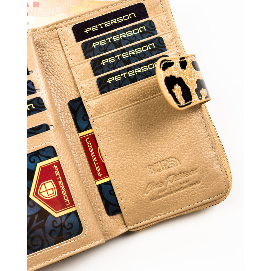 Złoty, pionowy portfel damski ze skóry ekologicznej i naturalnej w cętki, wyposażony w system RFID - Peterson