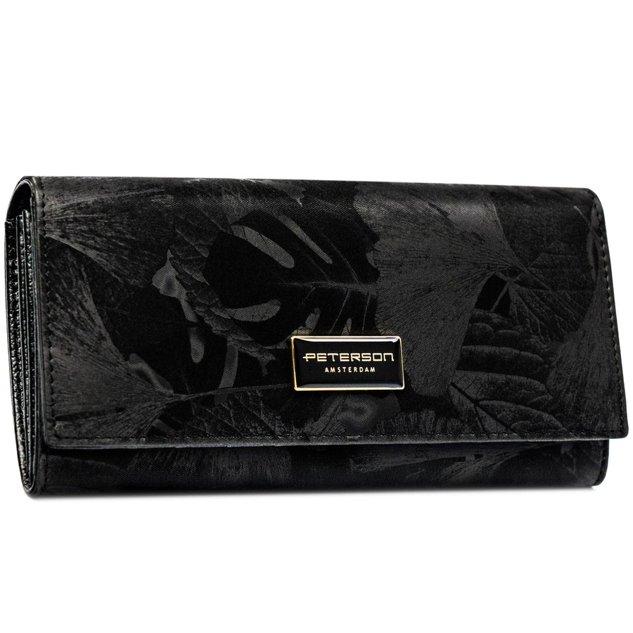 Duży portfel damski ze skóry naturalnej i ekologicznej w czarnym kolorze, zamykany zatrzaskiem - Peterson