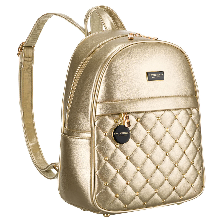 Złoty pikowany błyszczący plecak damski ze skóry ekologicznej mały Peterson