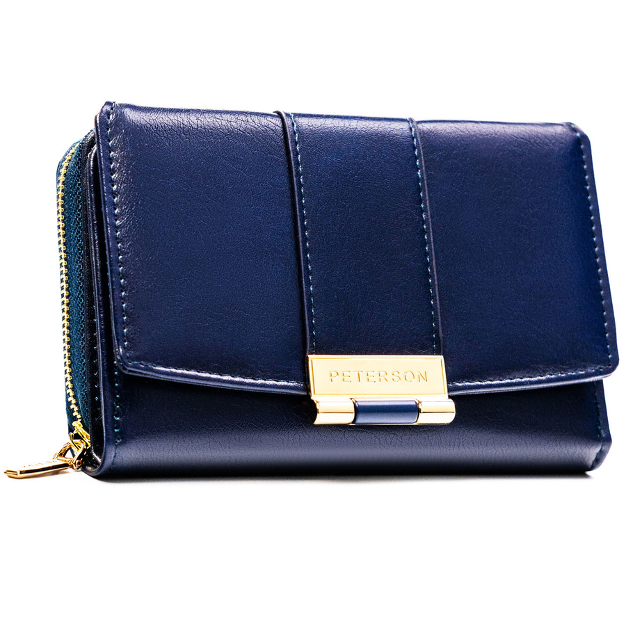 Granatowy, poziomy portfel damski wykonany ze skóry ekologicznej i zamykany na zatrzask - Peterson