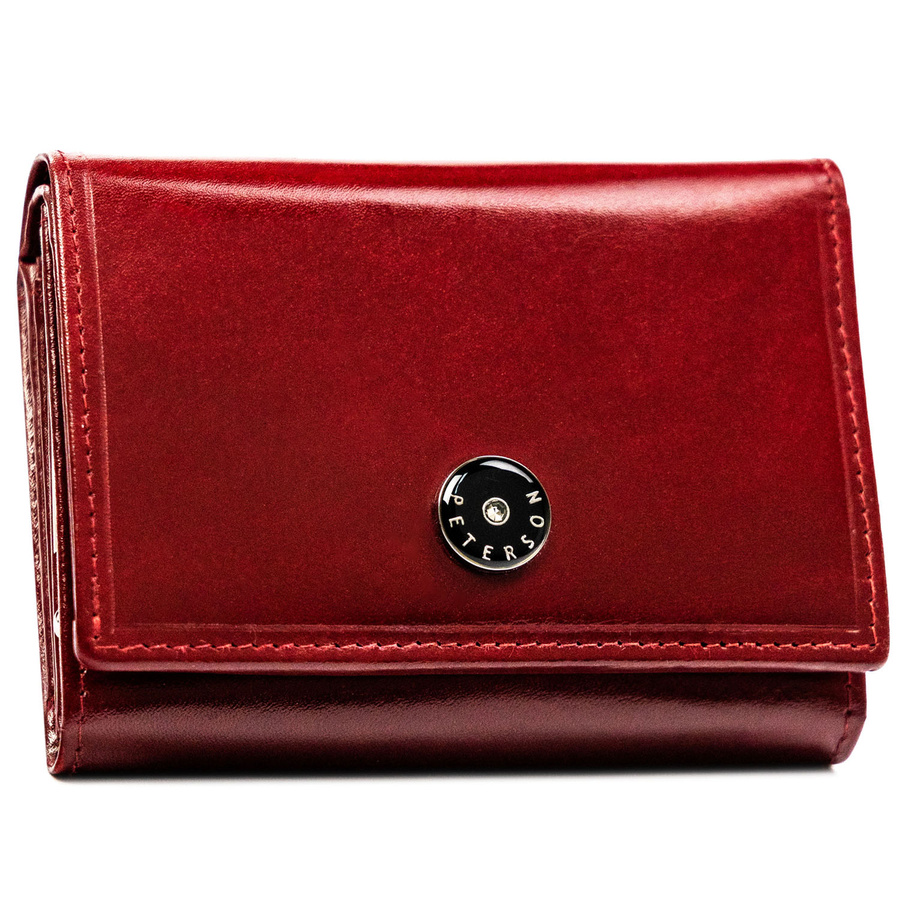 Klasyczny, skórzany portfel damski w czerwonym kolorze zamykany zatrzaskiem i biglem - Peterson