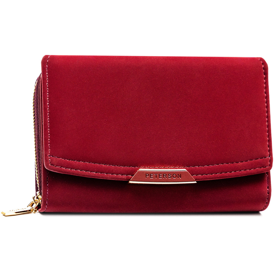 Poziomy portfel damski ze skóry ekologicznej w bordowym kolorze, zamykany suwakiem i zatrzaskiem - Peterson