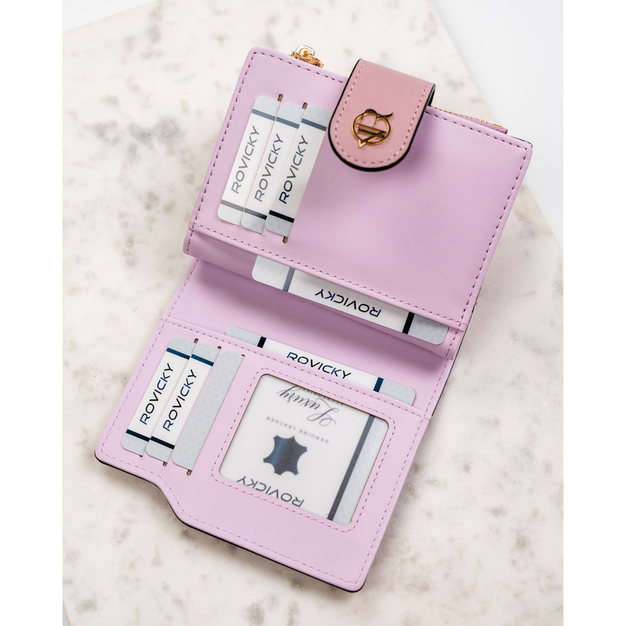 Portfel damski ze skóry ekologicznej w różowym kolorze, wyposażony w system RFID - Rovicky