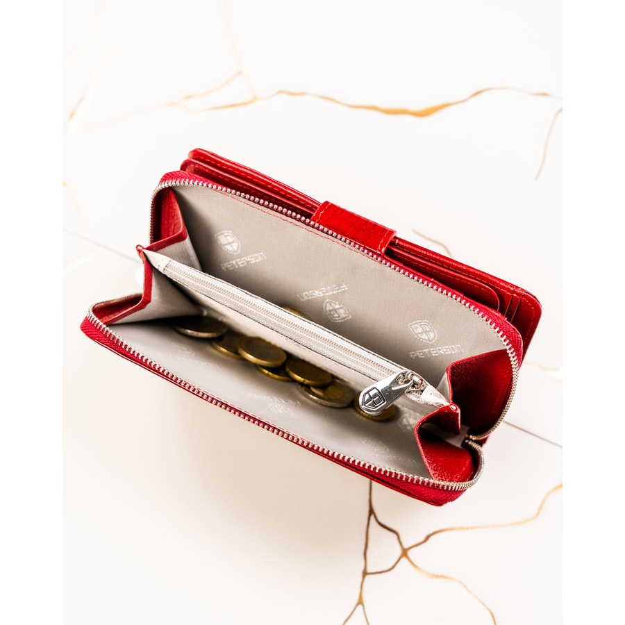 Duży, czerwony portfel damski ze skóry naturalnej zamykany na suwak i zatrzask - Peterson