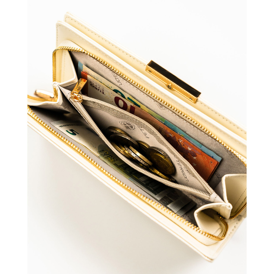 Portfel damski ze skóry ekologicznej w kolorze ecru zamykany na zatrzask i suwak - Peterson
