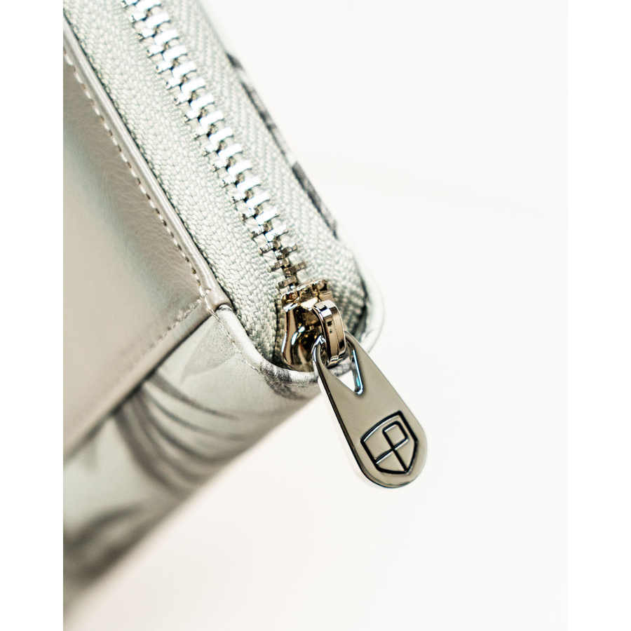 Szary portfel damski w typie piórnika w roślinny wzór, wykonany ze skóry naturalnej i ekologicznej - Peterson