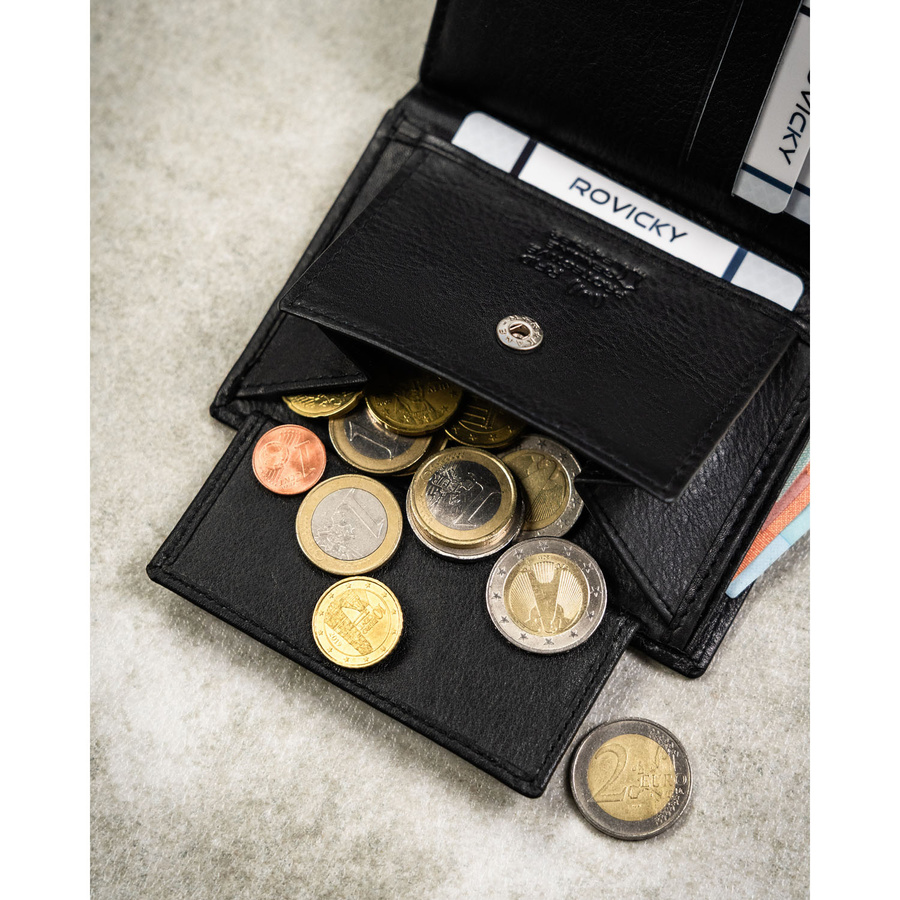 Czarny portfel męski ze skóry naturalnej mieszczący dowód rejestracyjny - Rovicky