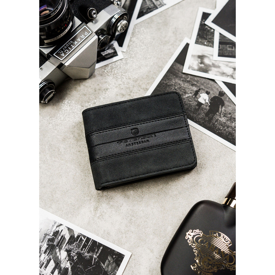 Mały portfel męski w czarnym kolorze wykonany ze skóry ekologicznej - Peterson
