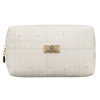 Pojemna kosmetyczka damska wykonana z materiału syntetycznego w beżowym kolorze, zamykana suwakiem - Rovicky