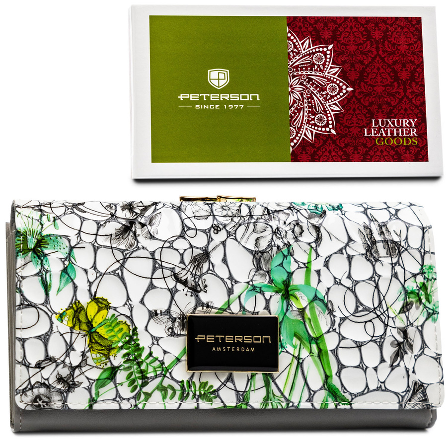 Wielokolorowy, poziomy portfel damski ze skóry naturalnej w kwiatowy wzór - Peterson