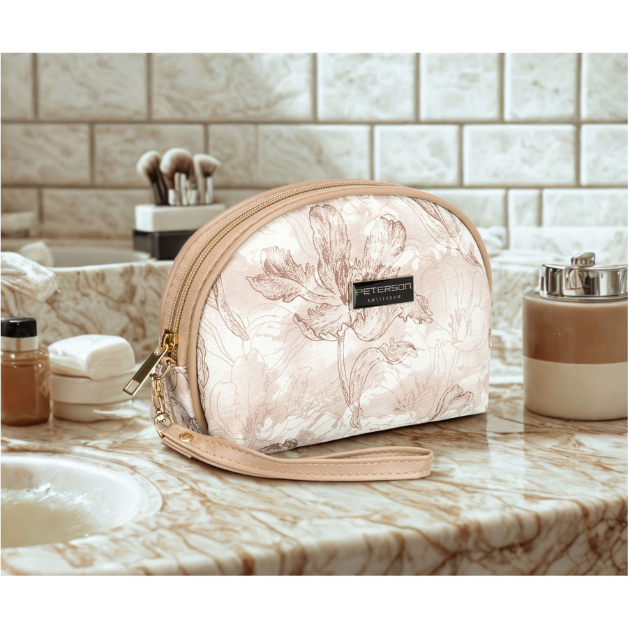Kompaktowa, beżowa kosmetyczka damska z botanicznym printem - Peterson