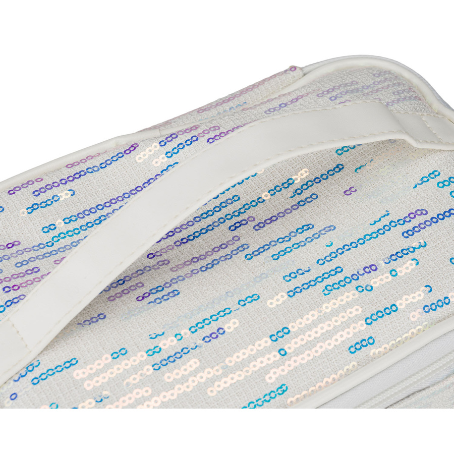 Biała kosmetyczka z tkaniny syntetycznej ozdobiona cekinami, wyposażona w wygodny uchwyt - Peterson