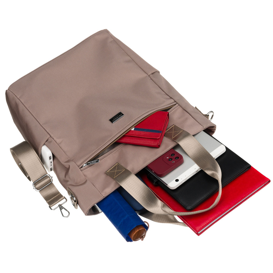 Beżowa shopperka damska na uchwytach i doczepianym pasku, zamykana suwakiem - Peterson