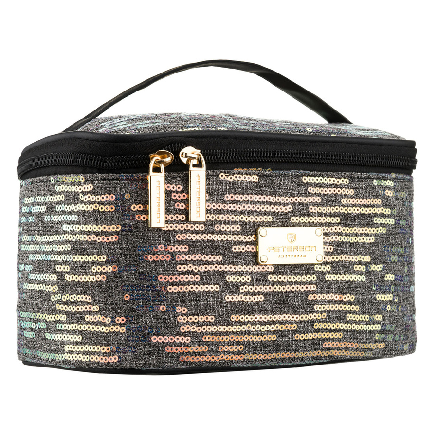 Czarna, podróżna kosmetyczka z tkaniny syntetycznej ozdobiona cekinami - Peterson