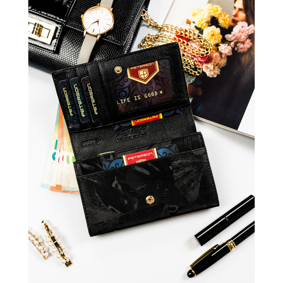 Poziomy, duży portfel damski ze skóry naturalnej i ekologicznej w czarnym kolorze - Peterson