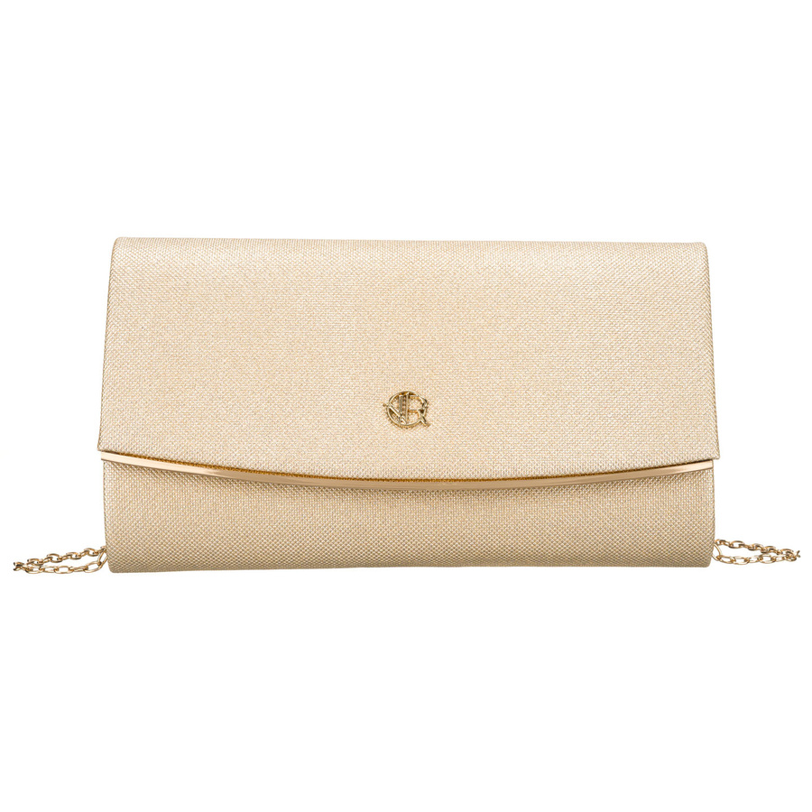 Wizytowa, złota torebka damska wykonana z tkaniny syntetycznej zamykana klipsem magnetycznym - Rovicky