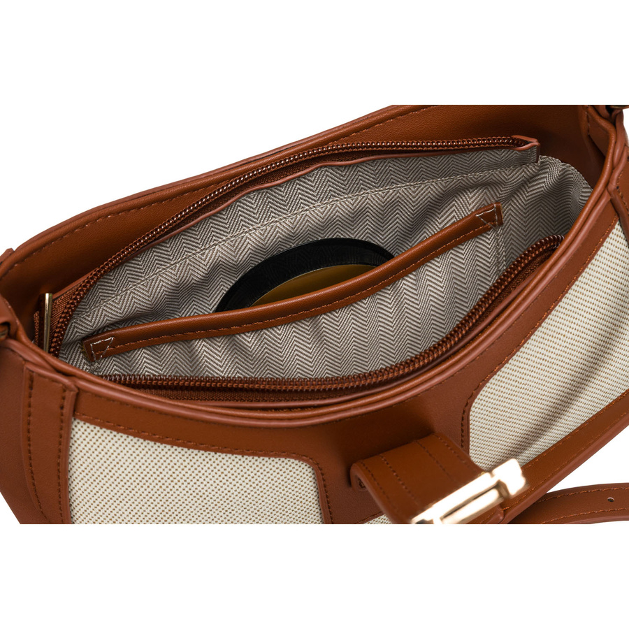 Beżowo-brązowa listonoszka damska ze skóry naturalnej i płótna poliamidowego - Peterson