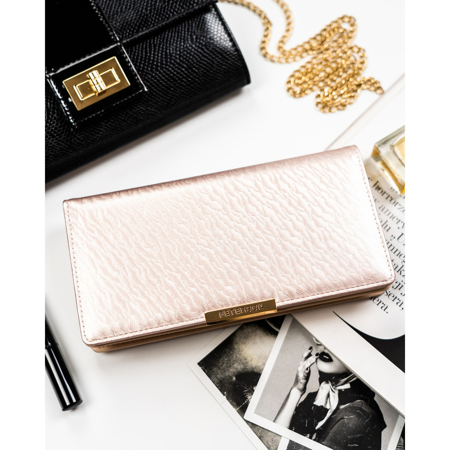Beżowy portfel damski ze skóry ekologicznej zamykany na zatrzask i suwak - Peterson