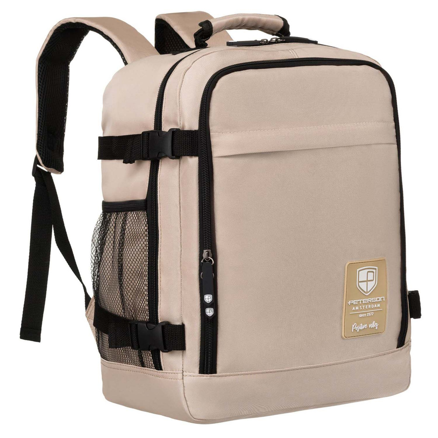 Beżowy plecak kabinowy z wodoodpornego poliestru wyposażony w uchwyt na walizkę - Peterson