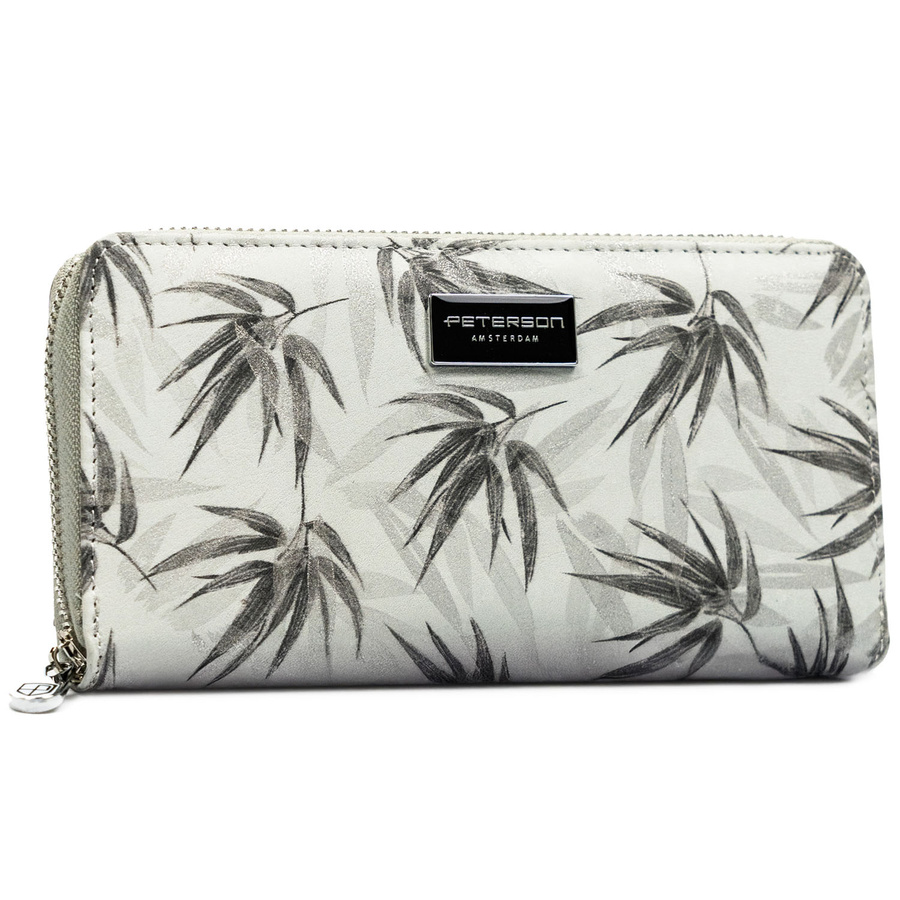 Szary portfel damski w typie piórnika w roślinny wzór, wykonany ze skóry naturalnej i ekologicznej - Peterson