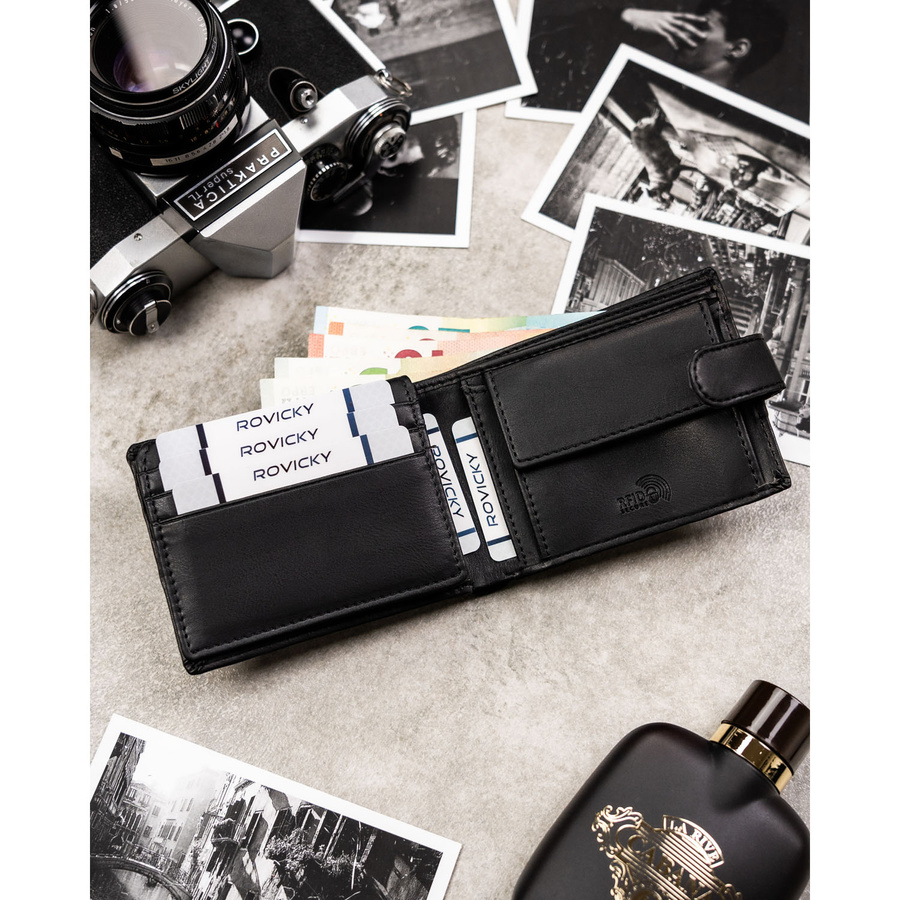 Zestaw prezentowy: męski, czarny portfel ze skóry ekologicznej i brelok do kluczy - Rovicky