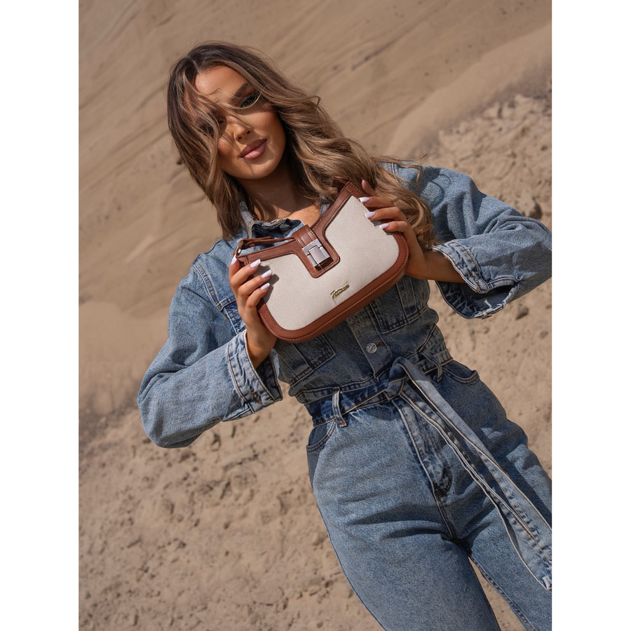 Beżowo-brązowa listonoszka damska ze skóry naturalnej i płótna poliamidowego - Peterson