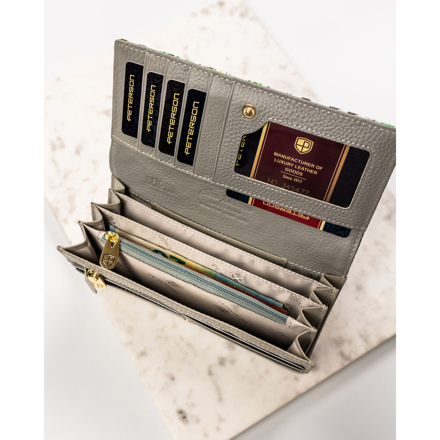 Poziomy, duży portfel damski w kwiatowy wzór z wewnętrzną kieszonką na suwak - Peterson