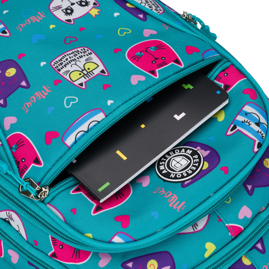 Młodzieżowy plecak szkolny odszyty z poliestru pokryty uroczym wzorem w kotki - Peterson