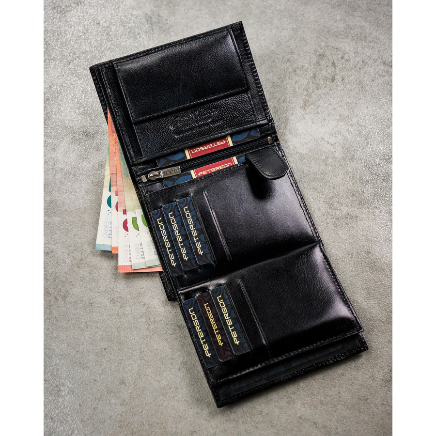Duży, czarny portfel męski ze skóry naturalnej bez zapięcia zewnętrznego - Peterson