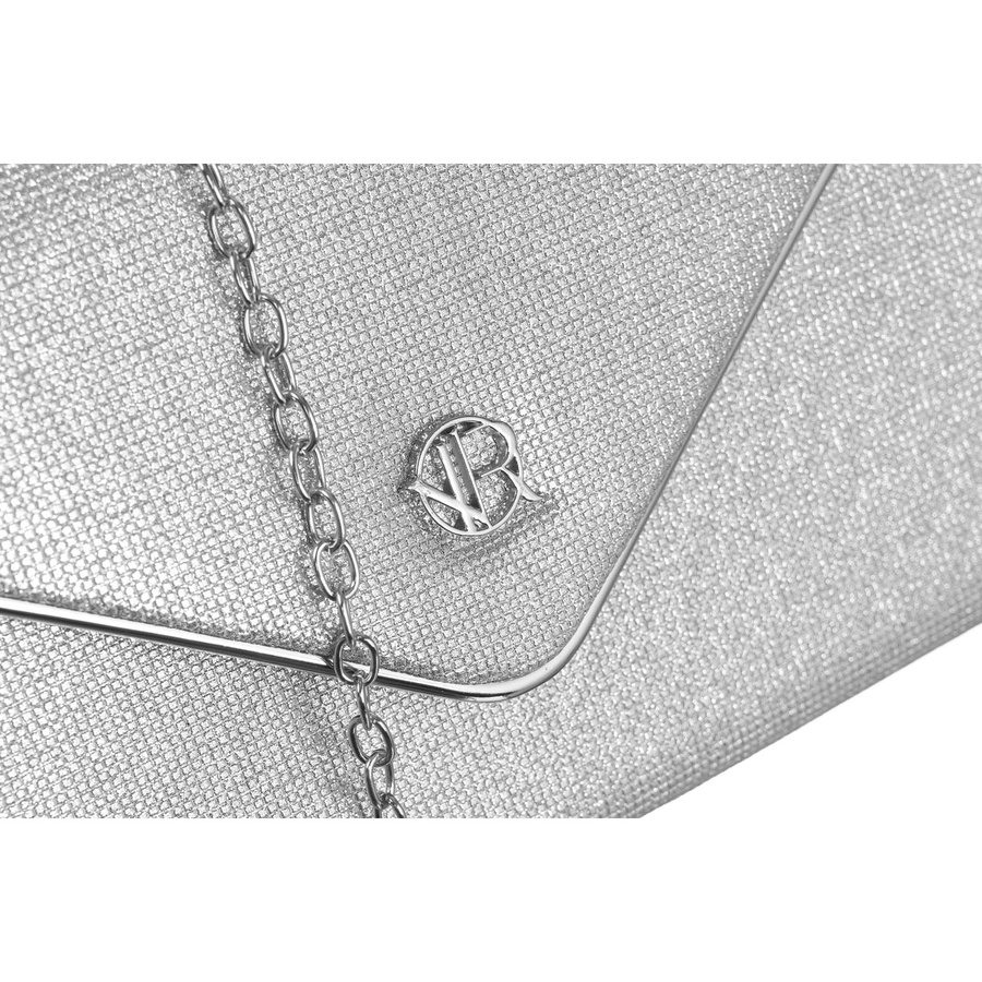 Brokatowa, srebrna kopertówka damska z magnetycznym zapięciem - Rovicky