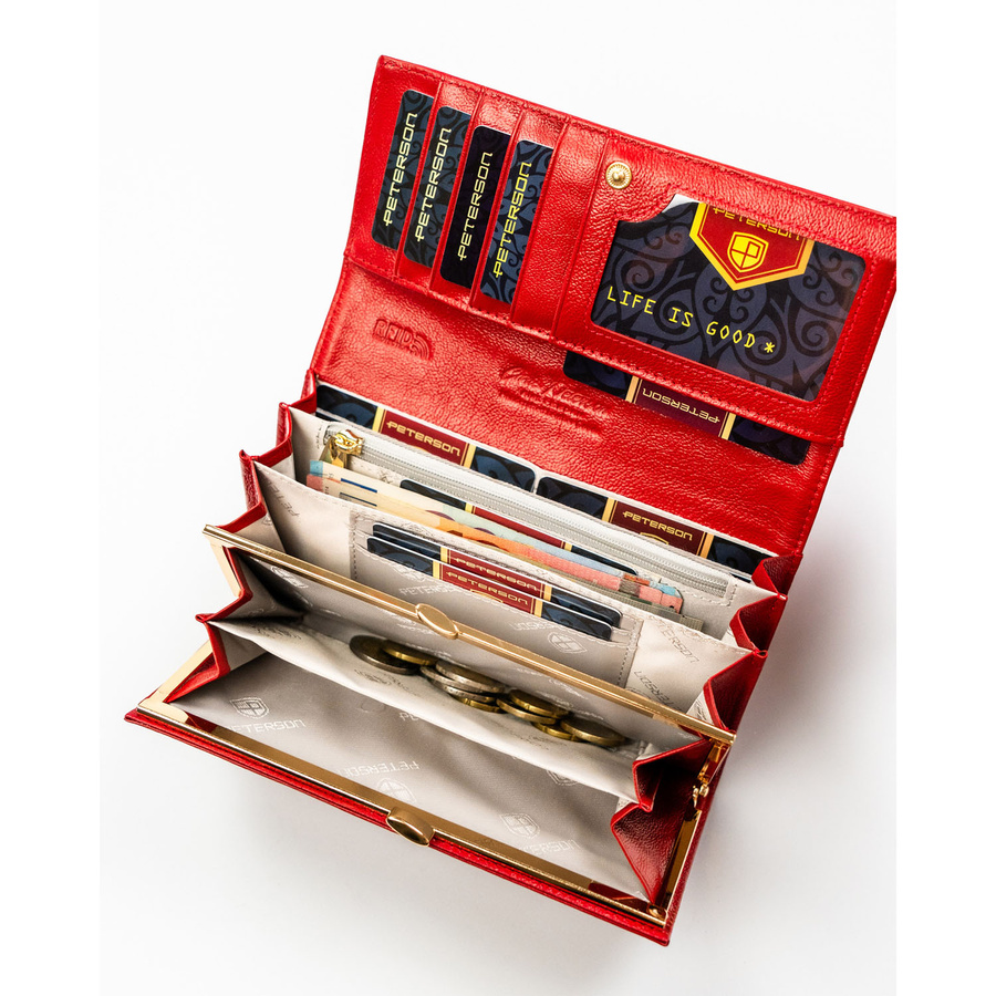 Czerwony portfel damski ze skóry naturalnej i ekologicznej zamykany zatrzaskiem - Peterson