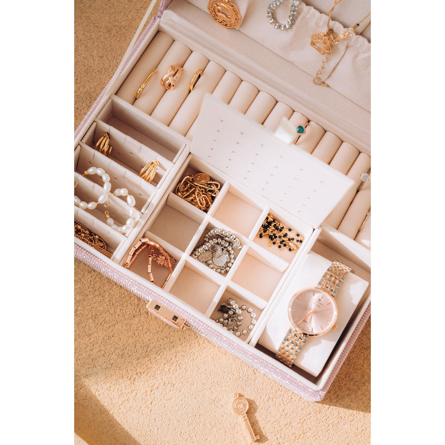 Różowa szkatułka na biżuterię z dedykowanym miejscem na zegarek - Peterson