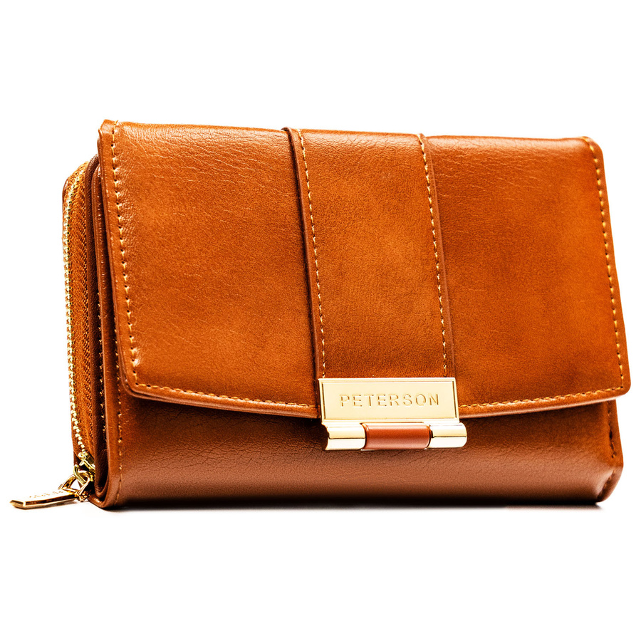 Brązowy portfel damski wykonany ze skóry ekologicznej i zamykany na zatrzask - Peterson